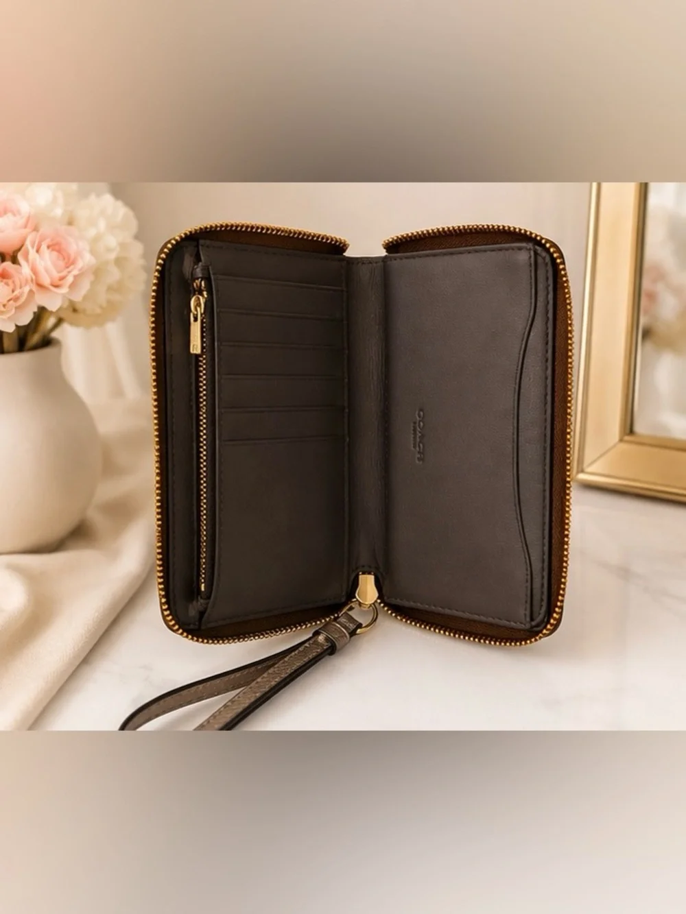 Coach Signature Brown Zip Around Wristlet Wallet with Wrist Strap
